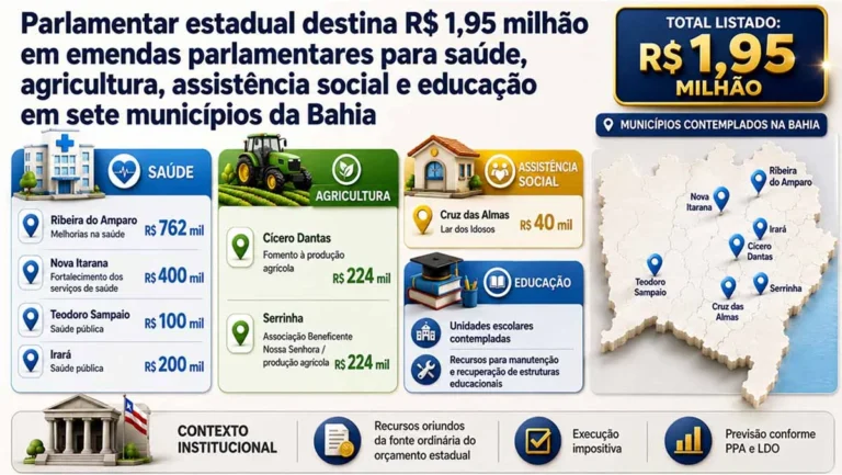 Deputado estadual destina R$ 1,95 milhão para saúde e agricultura em 7 municípios da Bahia