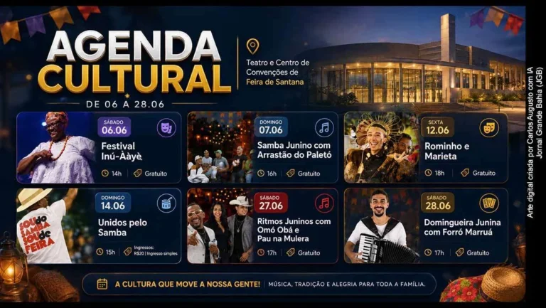 Agenda Cultural de Junho 2026 no Teatro Carlos Pitta: Samba, Forró e Tradições Juninas em Feira de Santana Agenda Cultural de Junho 2026 no Teatro Carlos Pitta: Samba, Forró e Tradições Juninas em Feira de S
